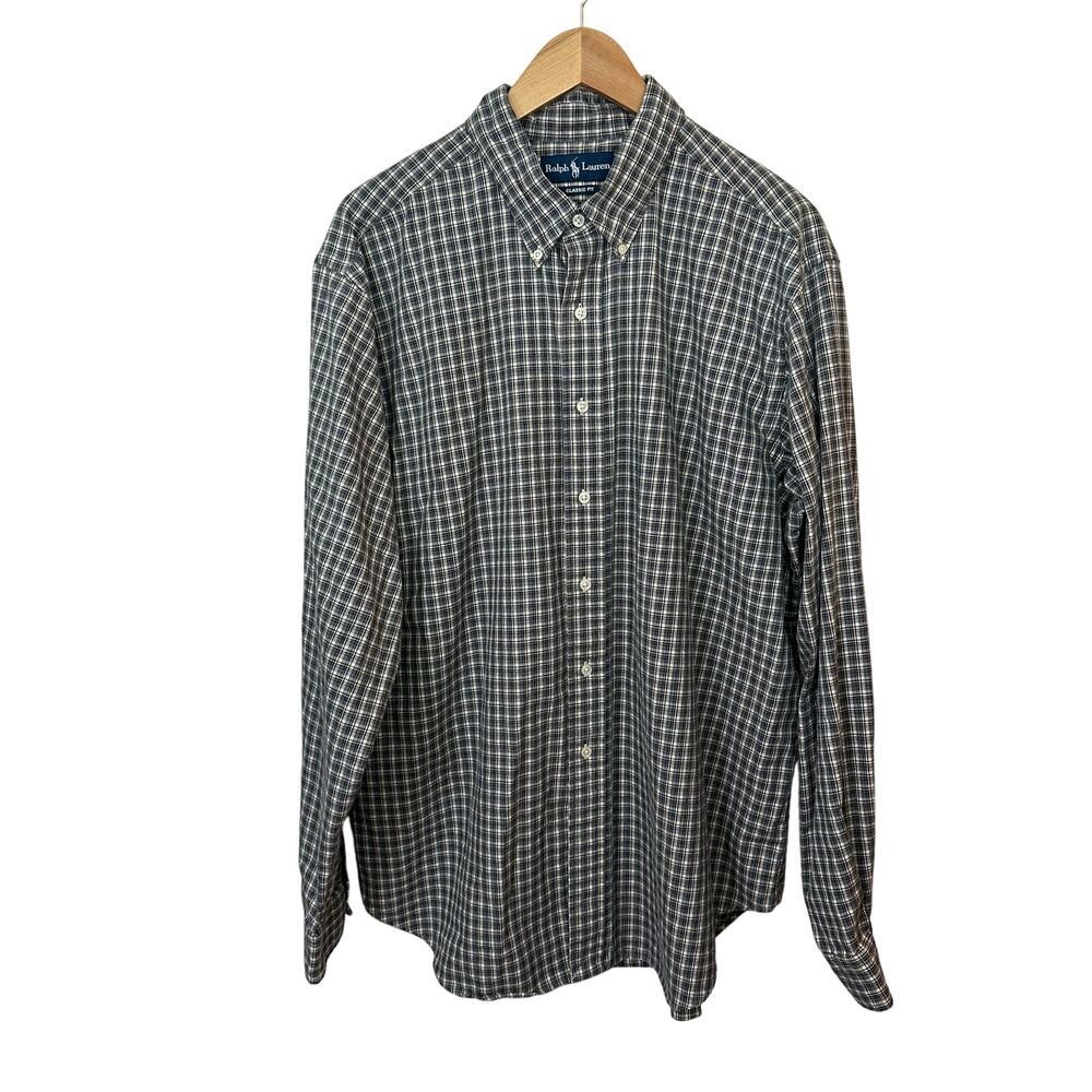 Vintage Ralph Lauren Flannel Gray Blue Plaid Button Down Classic Fit Mens XXL
